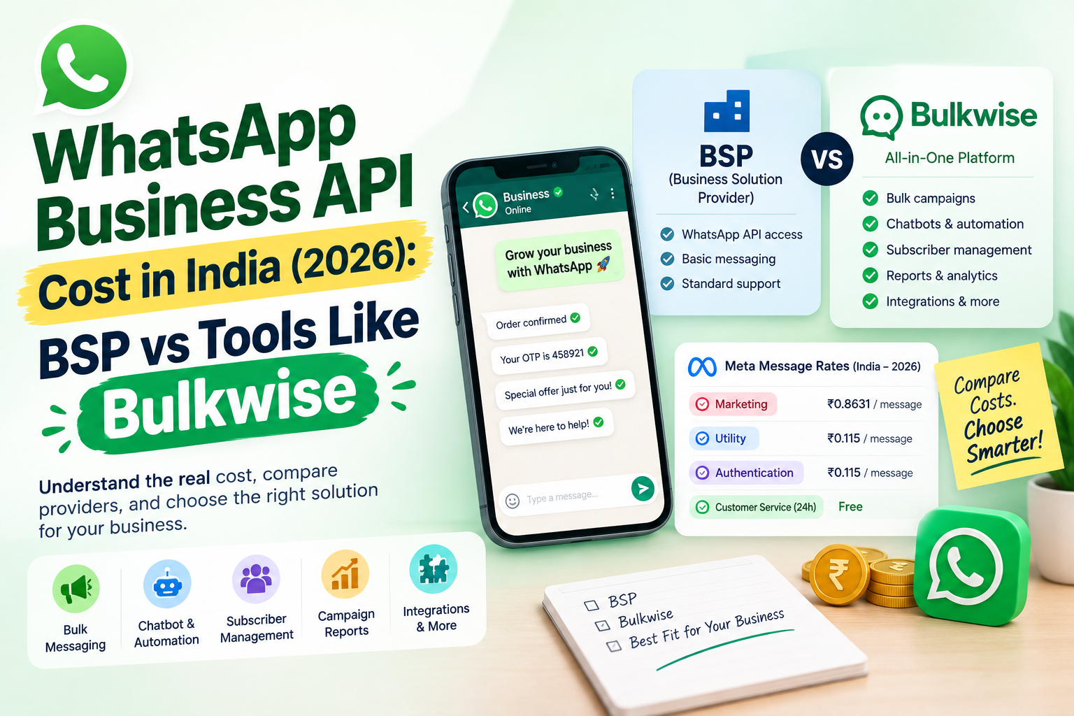 WhatsApp Business API Cost in India (2026): BSP vs Tools Like Bulkwise